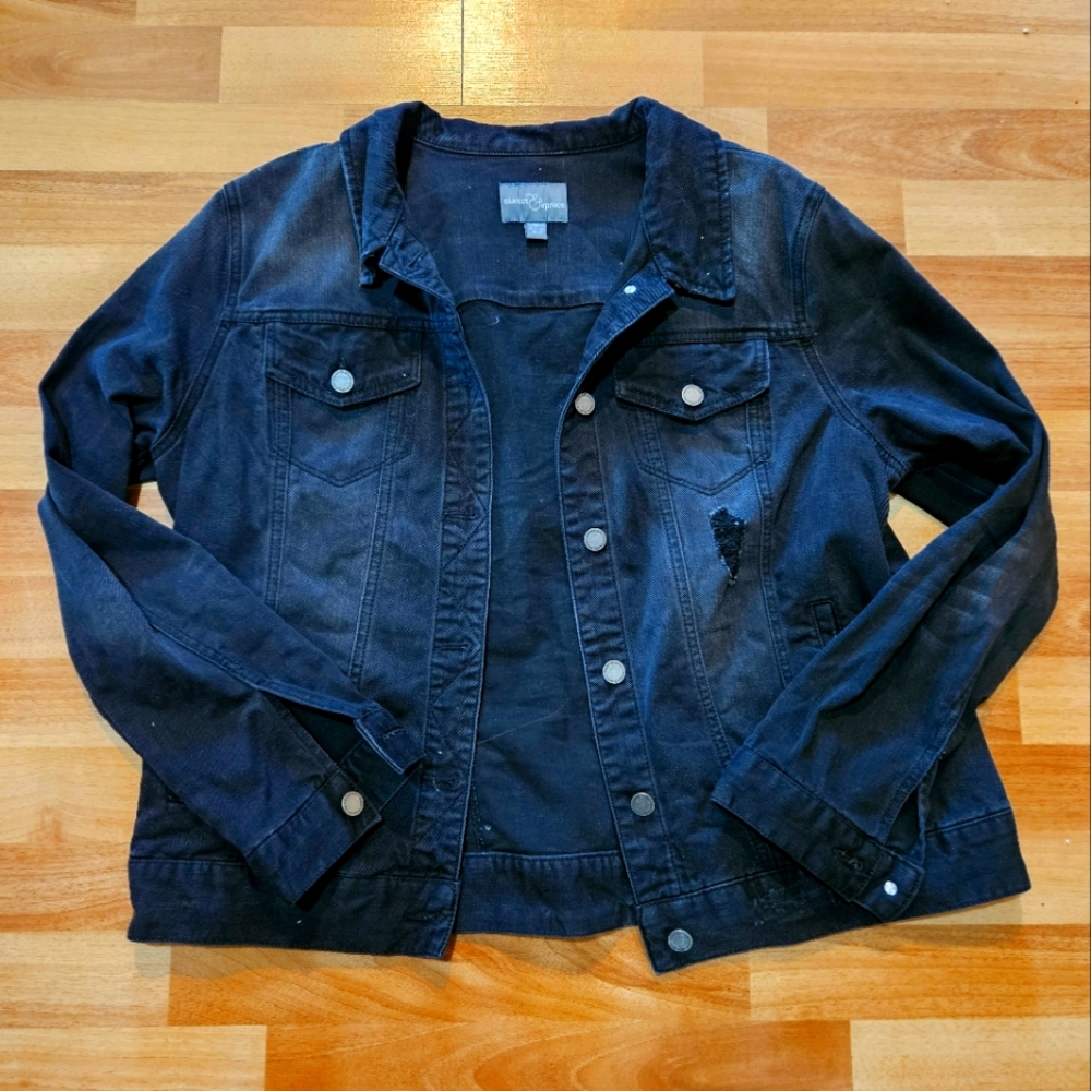 Market & Spruce Distressed Black Denim Jacket Size L